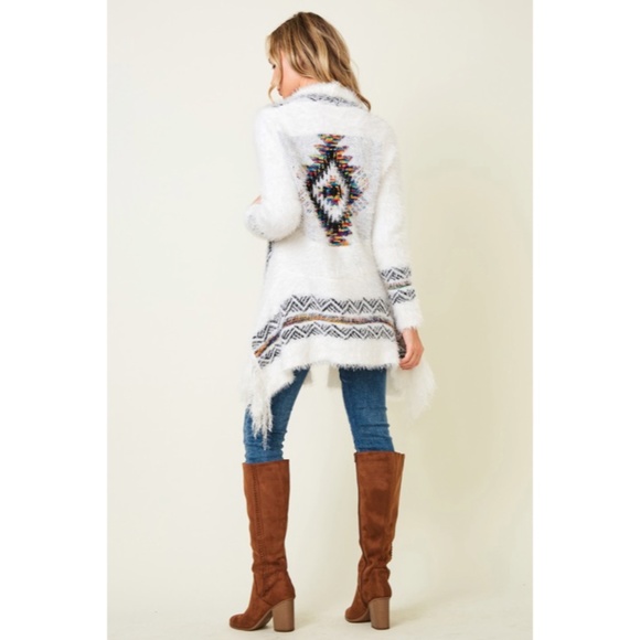 White Fuzzy Eyelash Western Boho Fringe Rainbow Aztec Pattern Open Knit Cardigan - Picture 2 of 5